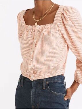 Madewell Puff Sleeve Button Front Crop Top Embroidered Stripe XL